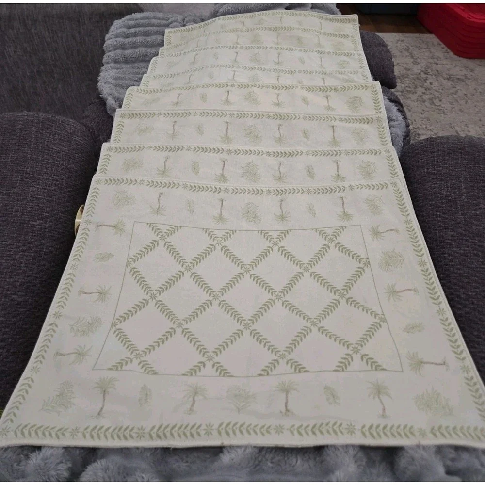 Set of 8 Tropical Palm Tree Botanical Leaf Green Cream Rectangular Placemats
